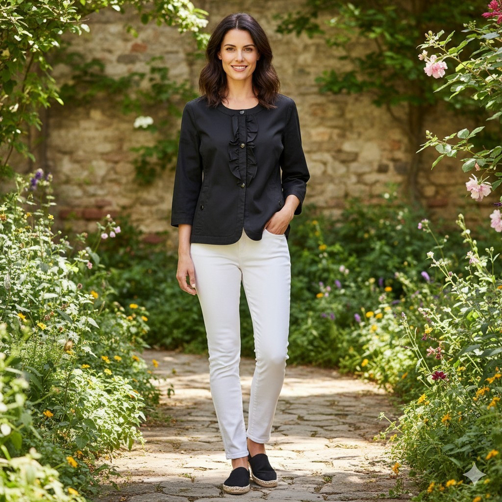 Talbots Black Ruffle Front Stretch Jacket Size 14 Capsule